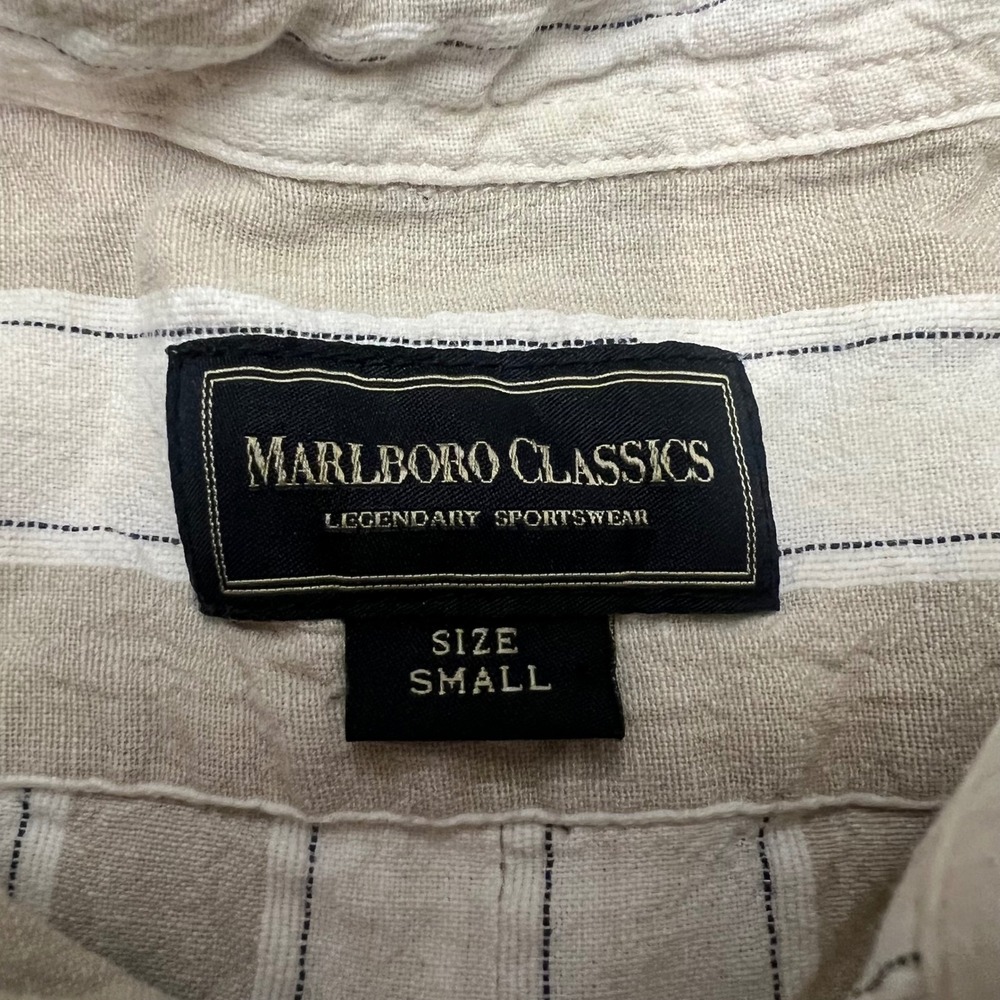 Marlboro Classics Button Down Shirt Tan Beige Stripe Short Sleeve Mens Small - Picture 2 of 6